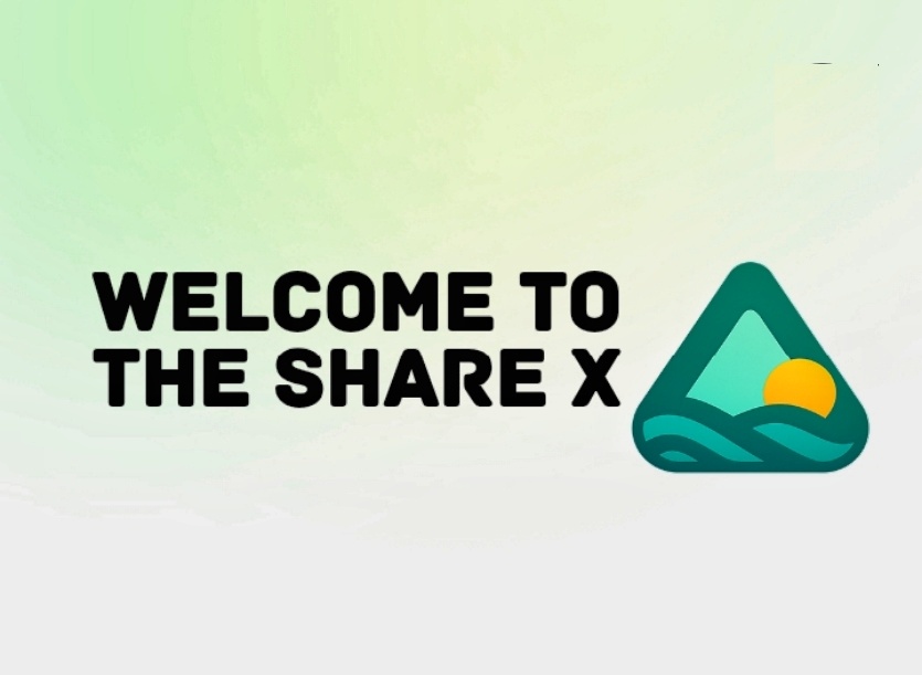 Welcome to The Share X with green triangular logo showing hills, river, and rising sun sharex1 banner