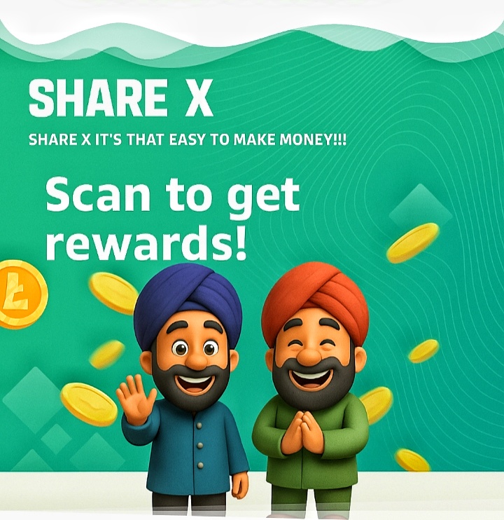 Share X poster with two cartoon men, coins, and text Scan to get rewards.